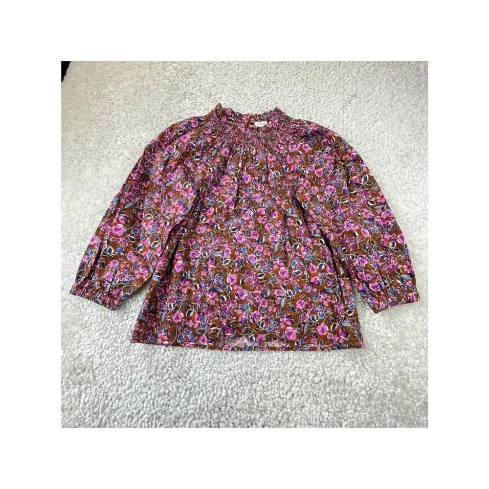 J Crew Smocked Floral Print Long Sleeve Blouse Shirt Womens Small